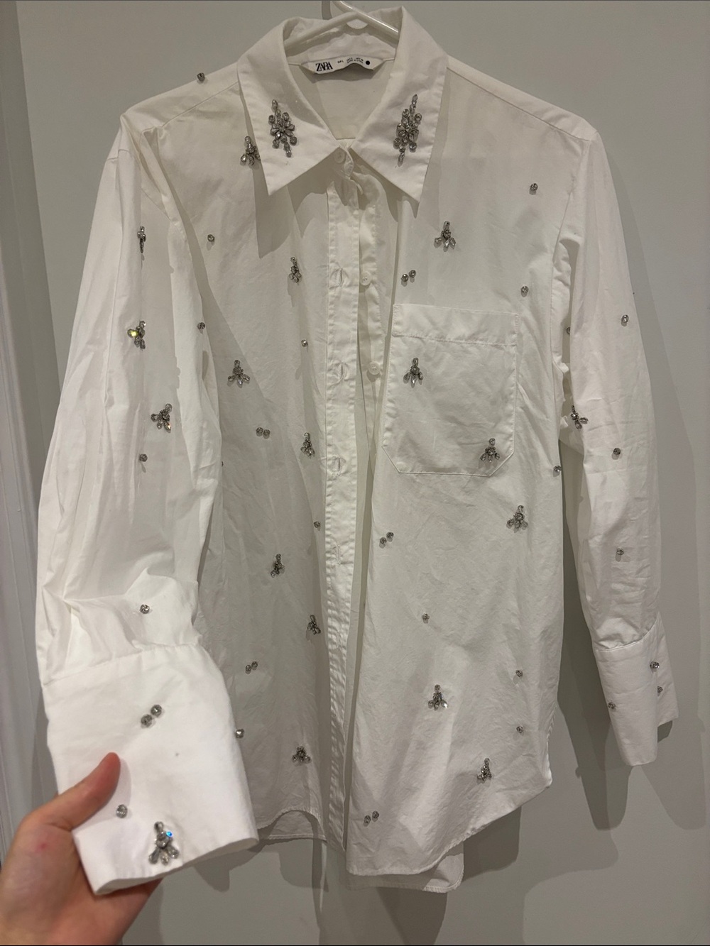 Zara White Embellished Crystal Button-Down Shirt